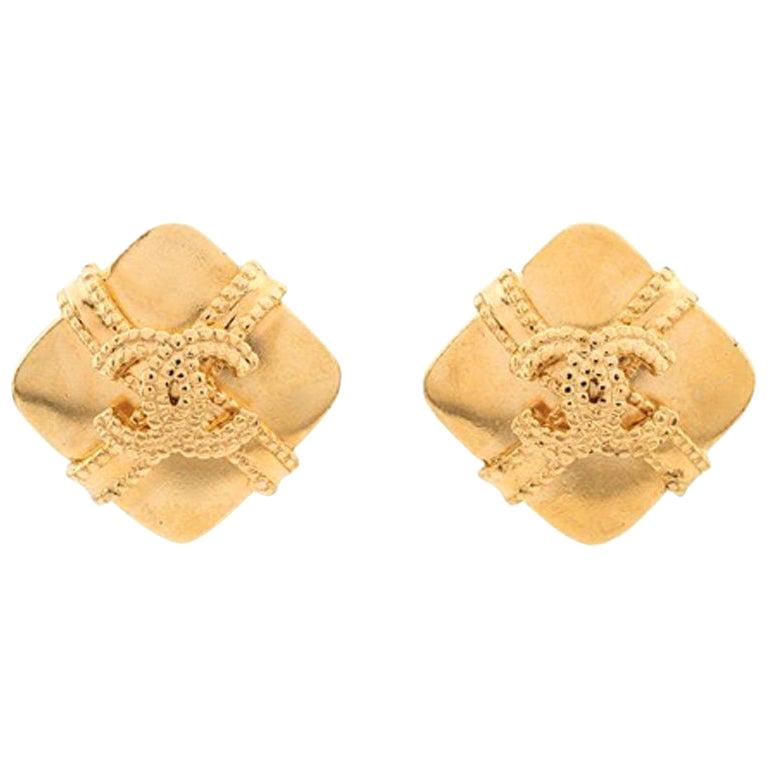 Chanel Logo Gold Tone Clip On Earrings