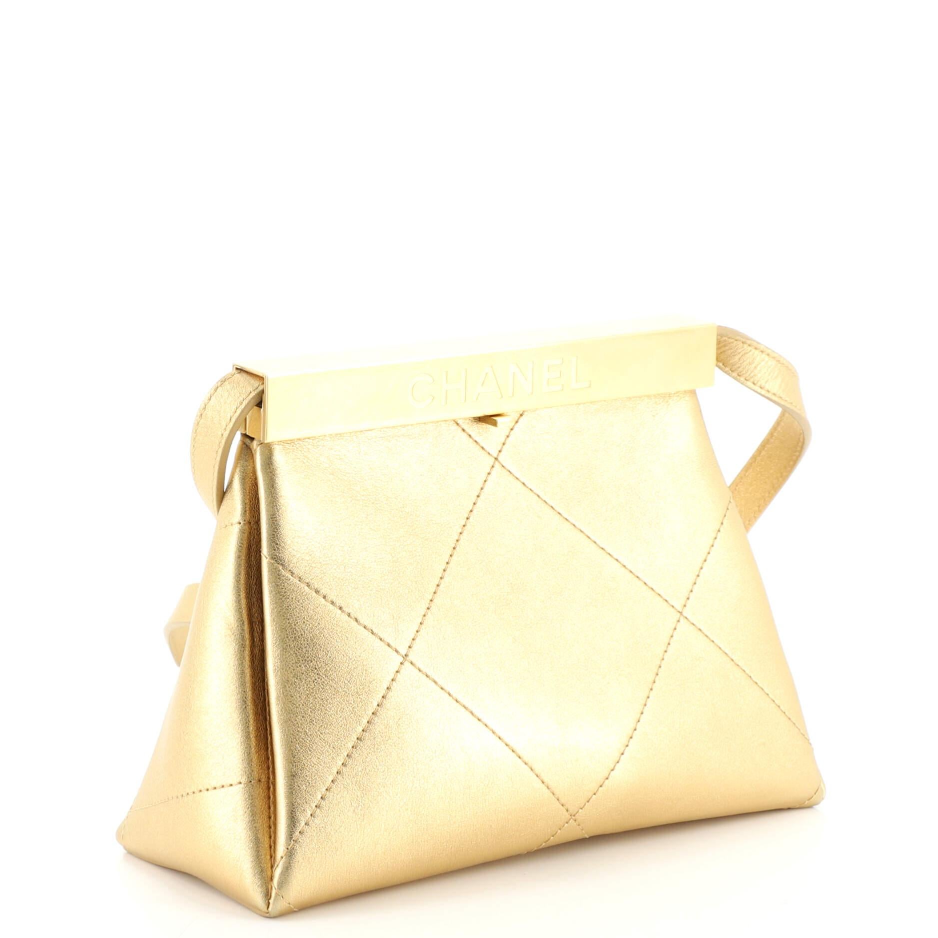 Beige Chanel Logo Kisslock Frame Bag Quilted Calfskin Small