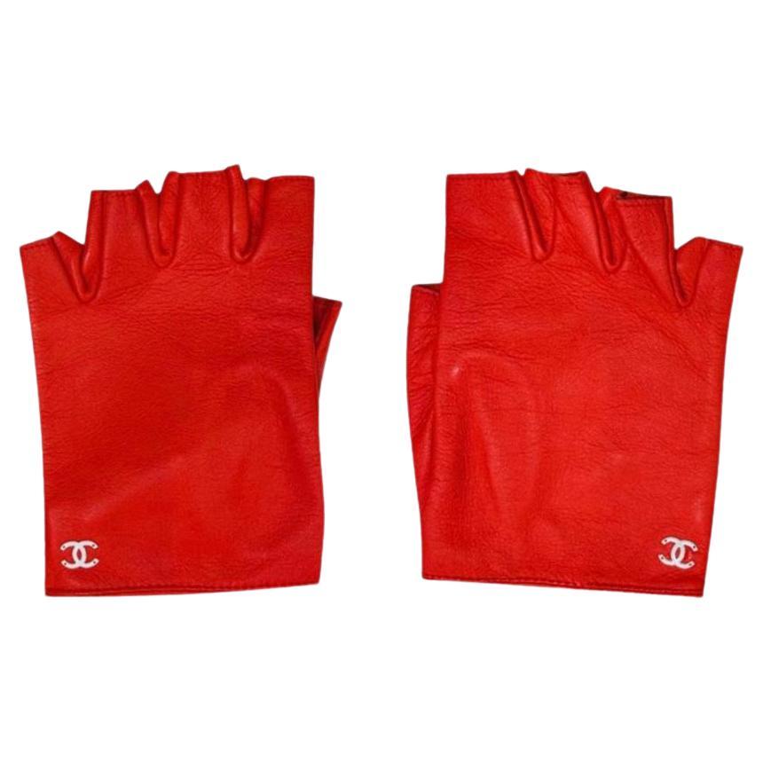 Chanel Logo Leather Fingerless Gloves For Sale