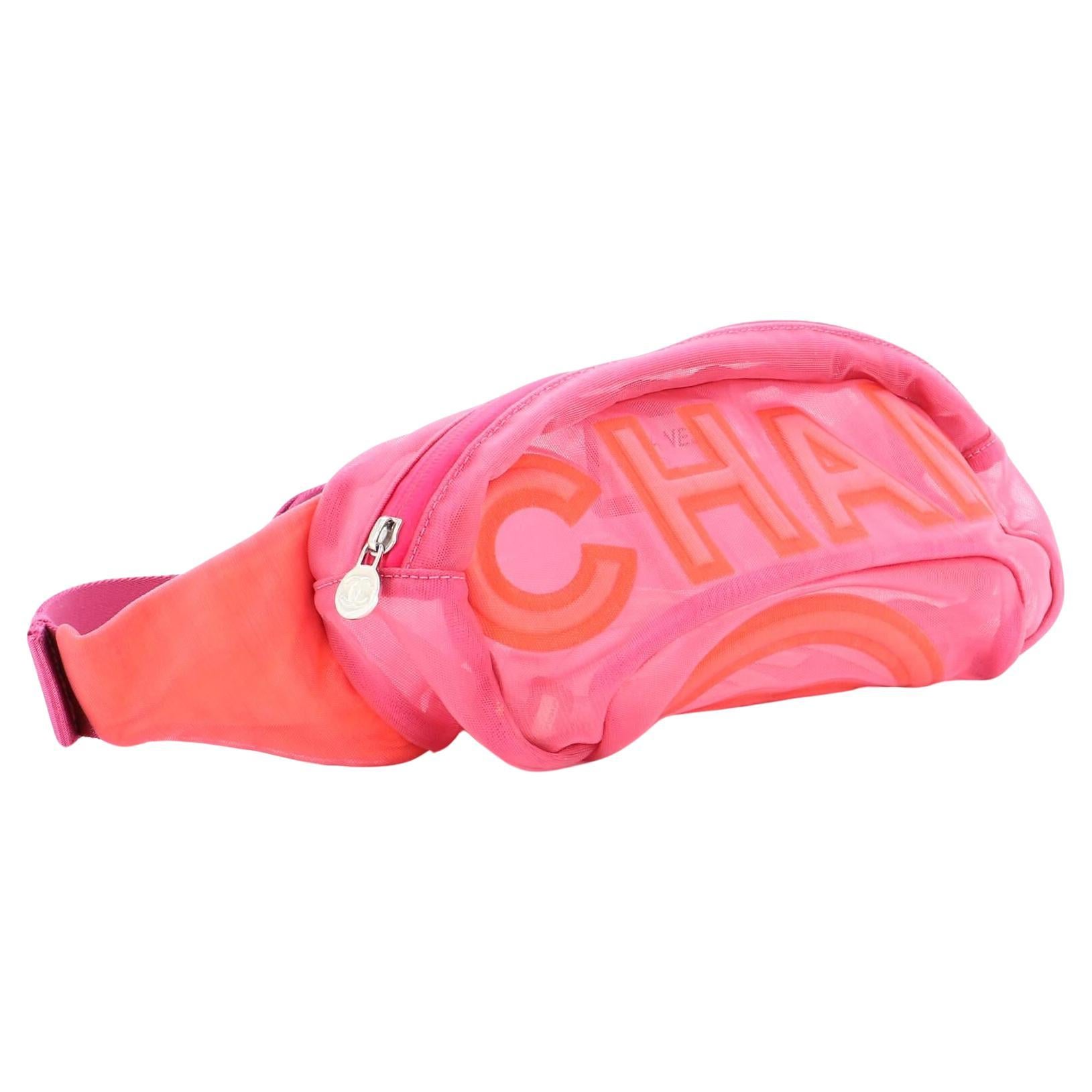 Chanel 2019 Logo Magenta Neon Pink Nylon Mesh CC Waist Fanny Pack Belt Bag In Good Condition For Sale In Miami, FL