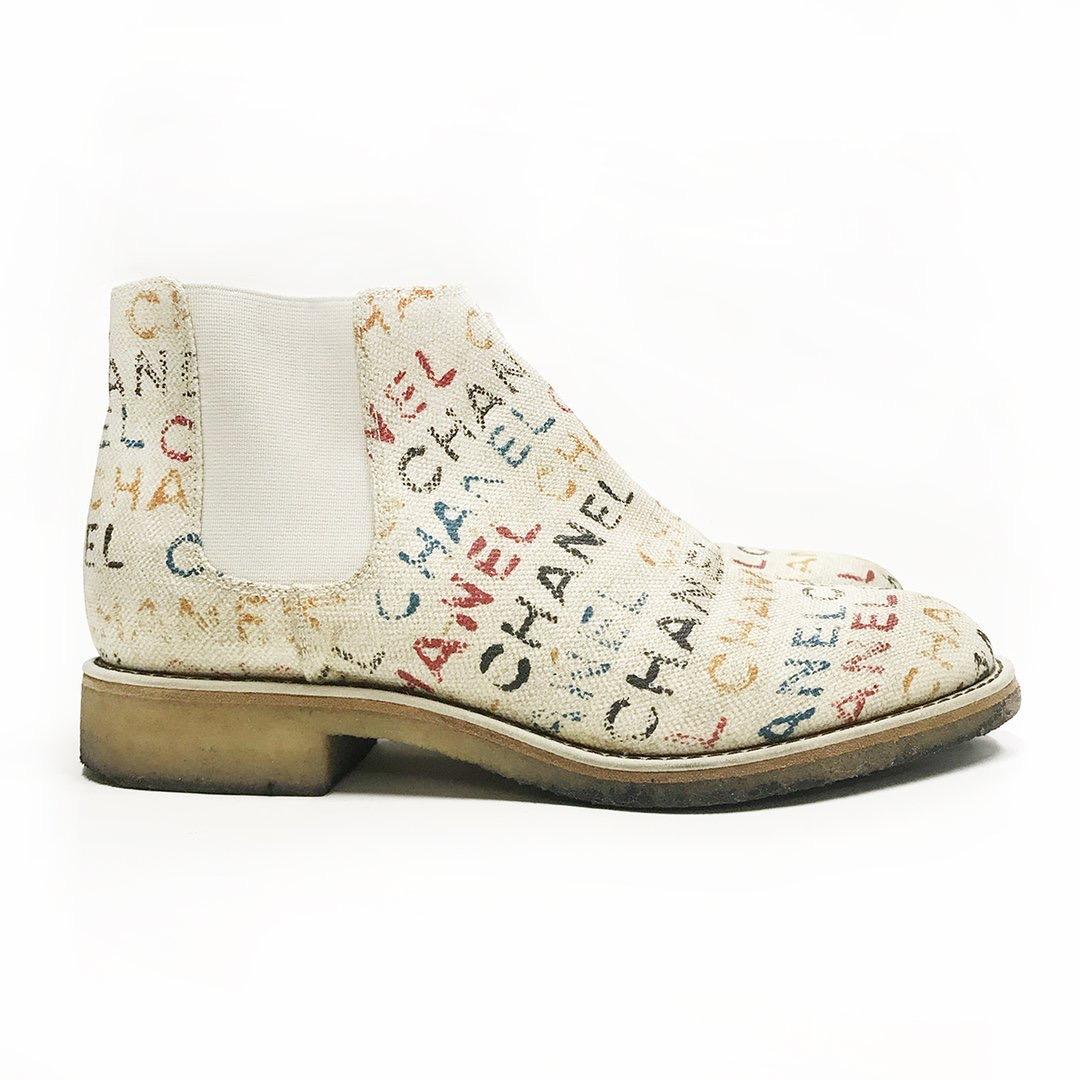 Multicolor Logo Chelsea Boots by Chanel
Spring/Summer 2014
Natural canvas 
Multicolor 