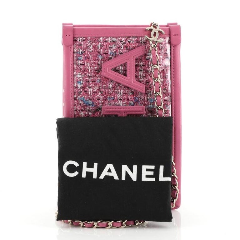 Chanel Logo Phone Clutch with Chain PVC Over Quilted Tweed at