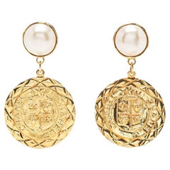 Vintage Chanel Logo Plaque Medallion Clip-on Earrings