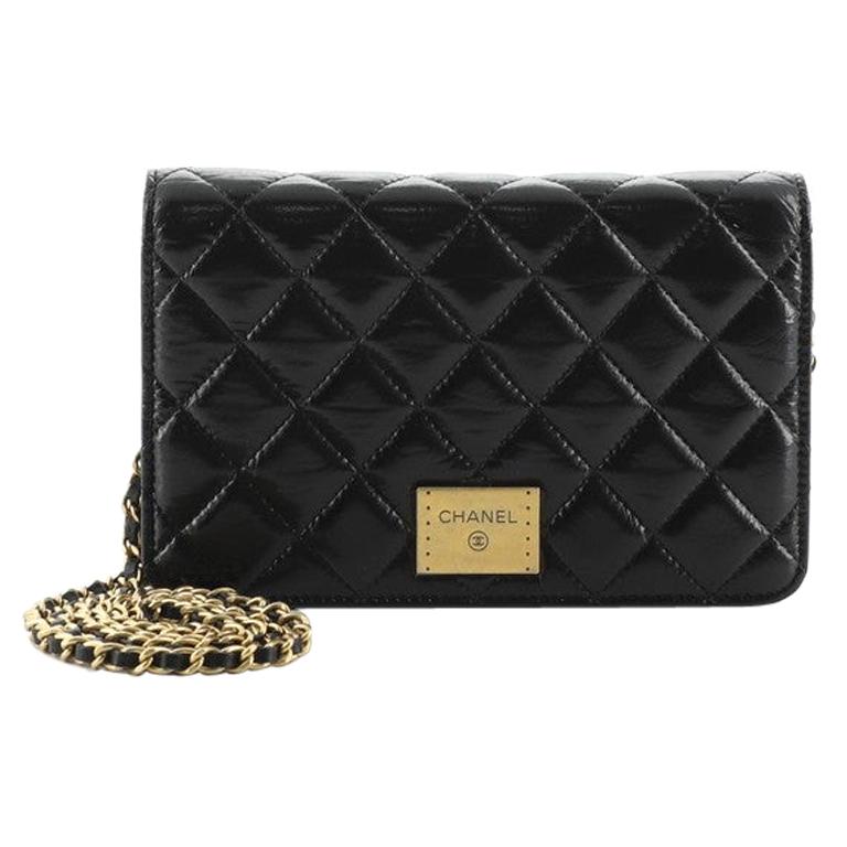 Chanel Logo Plate Wallet on Chain Quilted Shiny Aged Calfskin