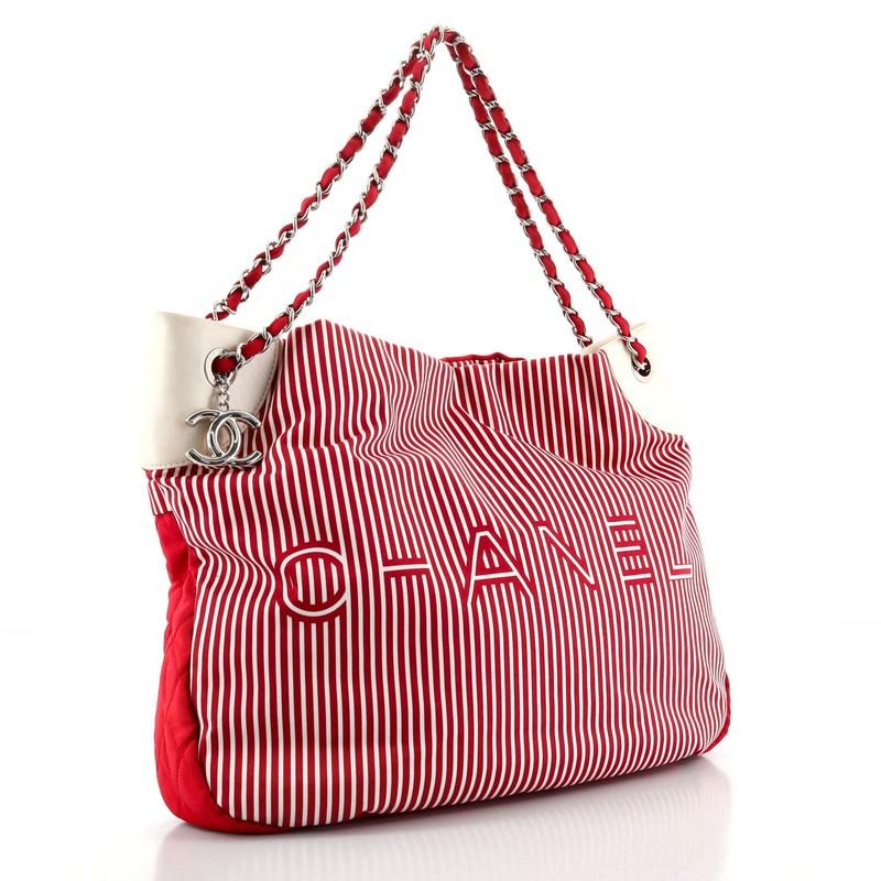 Red  Chanel Logo Tote Striped Canvas Large