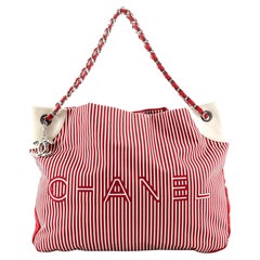 Chanel Logo Tote Striped Canvas Large