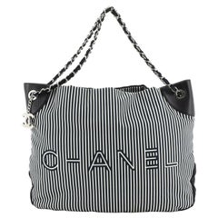 Chanel  Logo Tote Striped Canvas Large