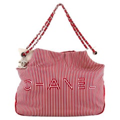  Chanel Logo Tote Striped Canvas Large