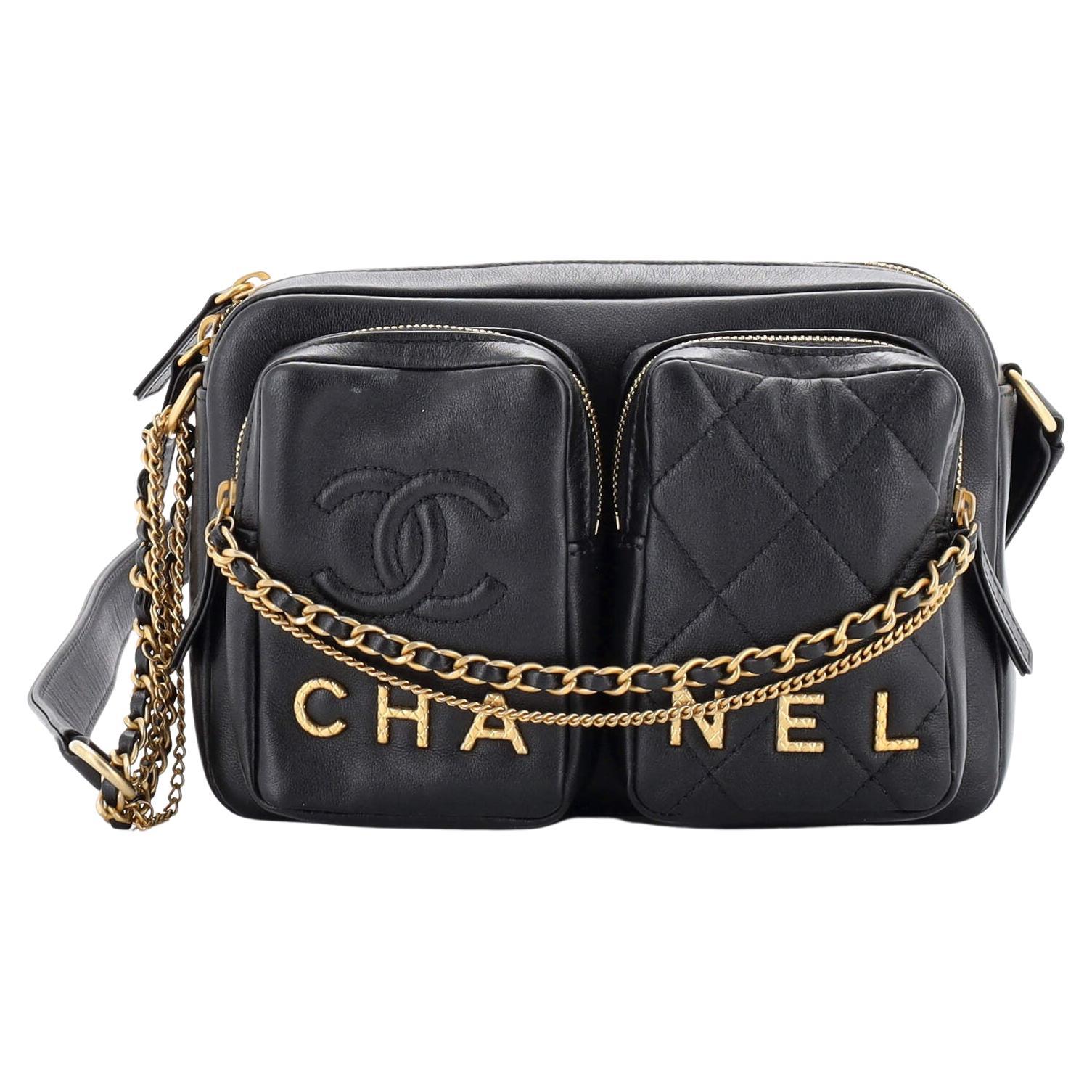 CHANEL Goatskin Quilted Small Casual Trip Camera Case Blue 359894