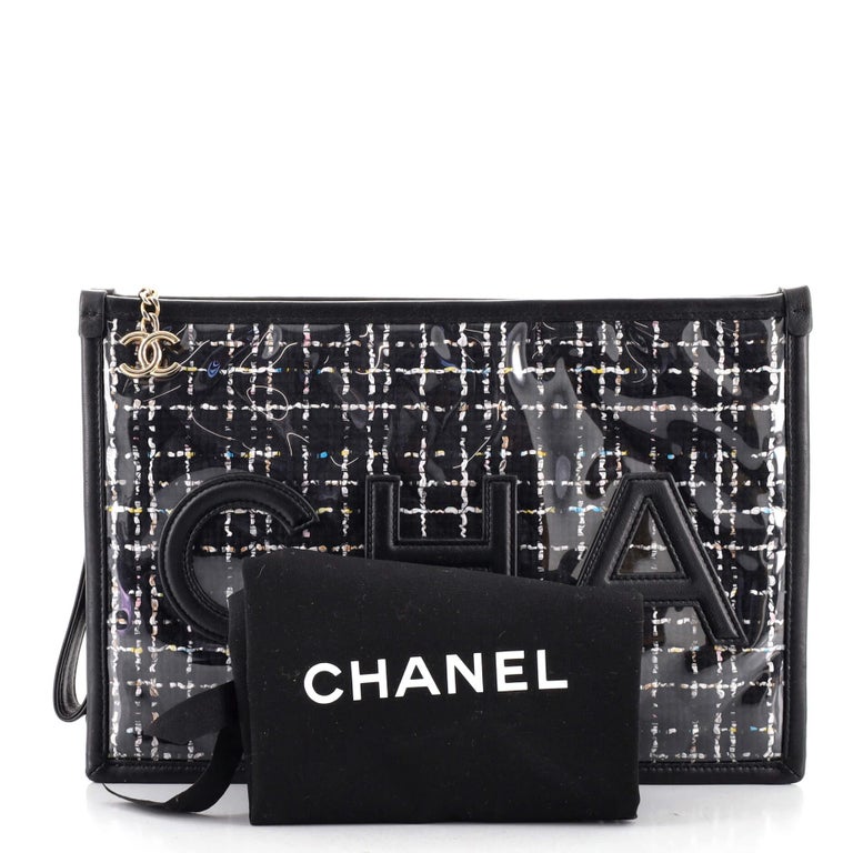 Chanel Logo Wristlet Clutch PVC Over Quilted Tweed Large at 