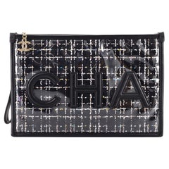 Chanel Logo Wristlet Clutch PVC Over Quilted Tweed Large