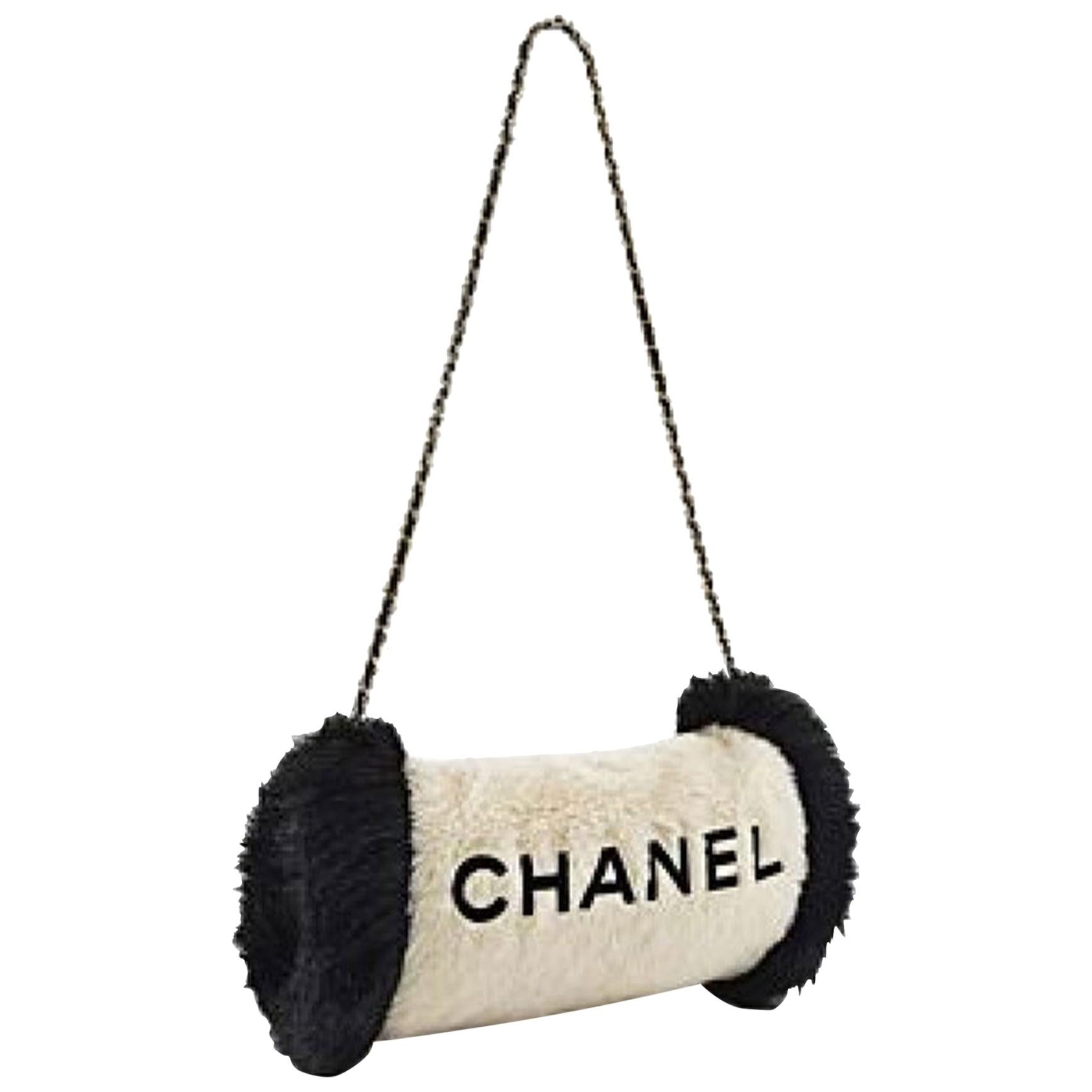 Chanel Logos Hand Warmer with Chain Strap Muff White Faux Fur Cross Body Bag For Sale