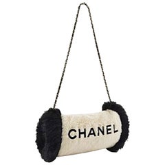Chanel Logos Hand Warmer with Chain Strap Muff White Faux Fur Cross Body Bag
