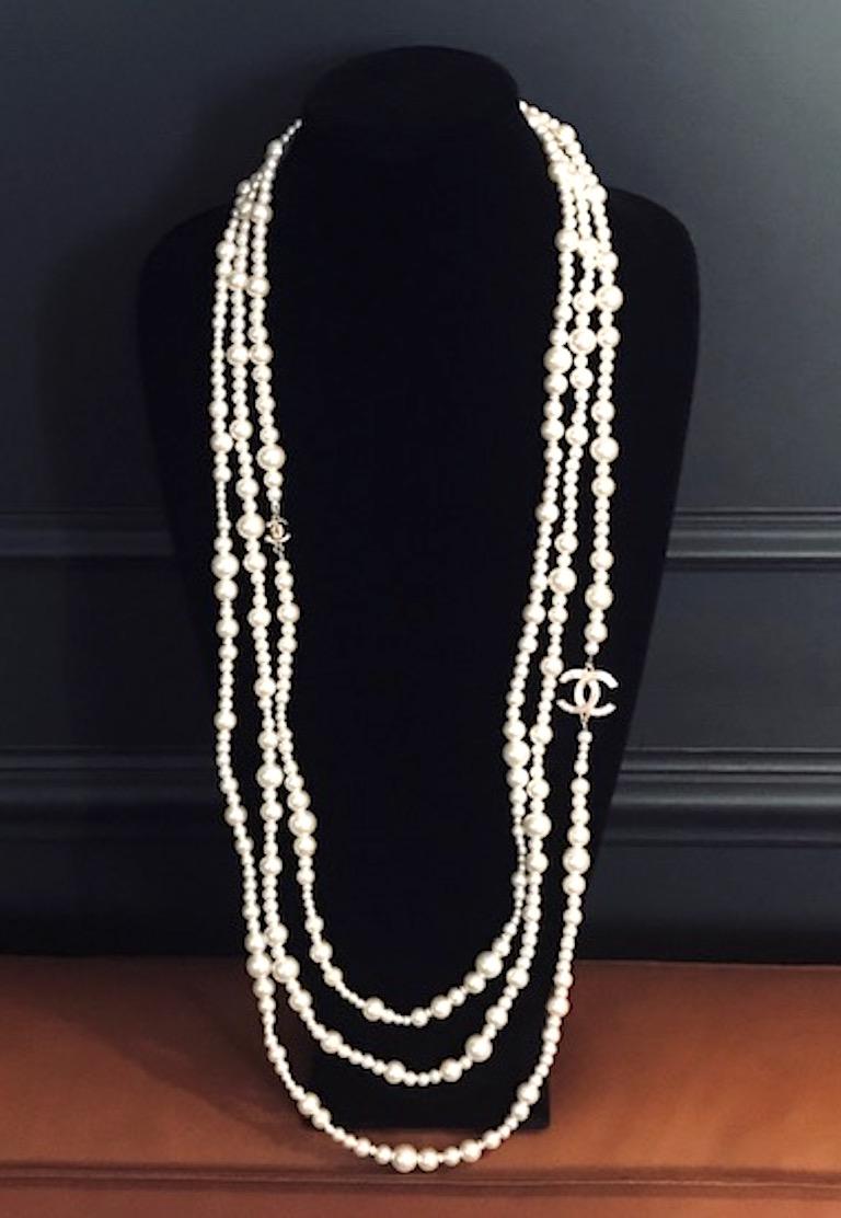 Chanel Long 3 Strand Pearl Necklace, 2018 at 1stDibs chanel long pearl necklace, chanel pearl
