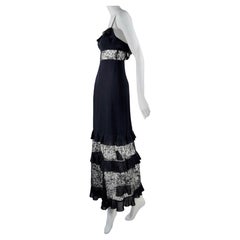 CHANEL long black dress with Chantilly camelia lace FR 36 Cruise 1995  95C