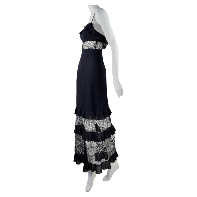 CHANEL long black dress with Chantilly camelia lace FR 36 Cruise