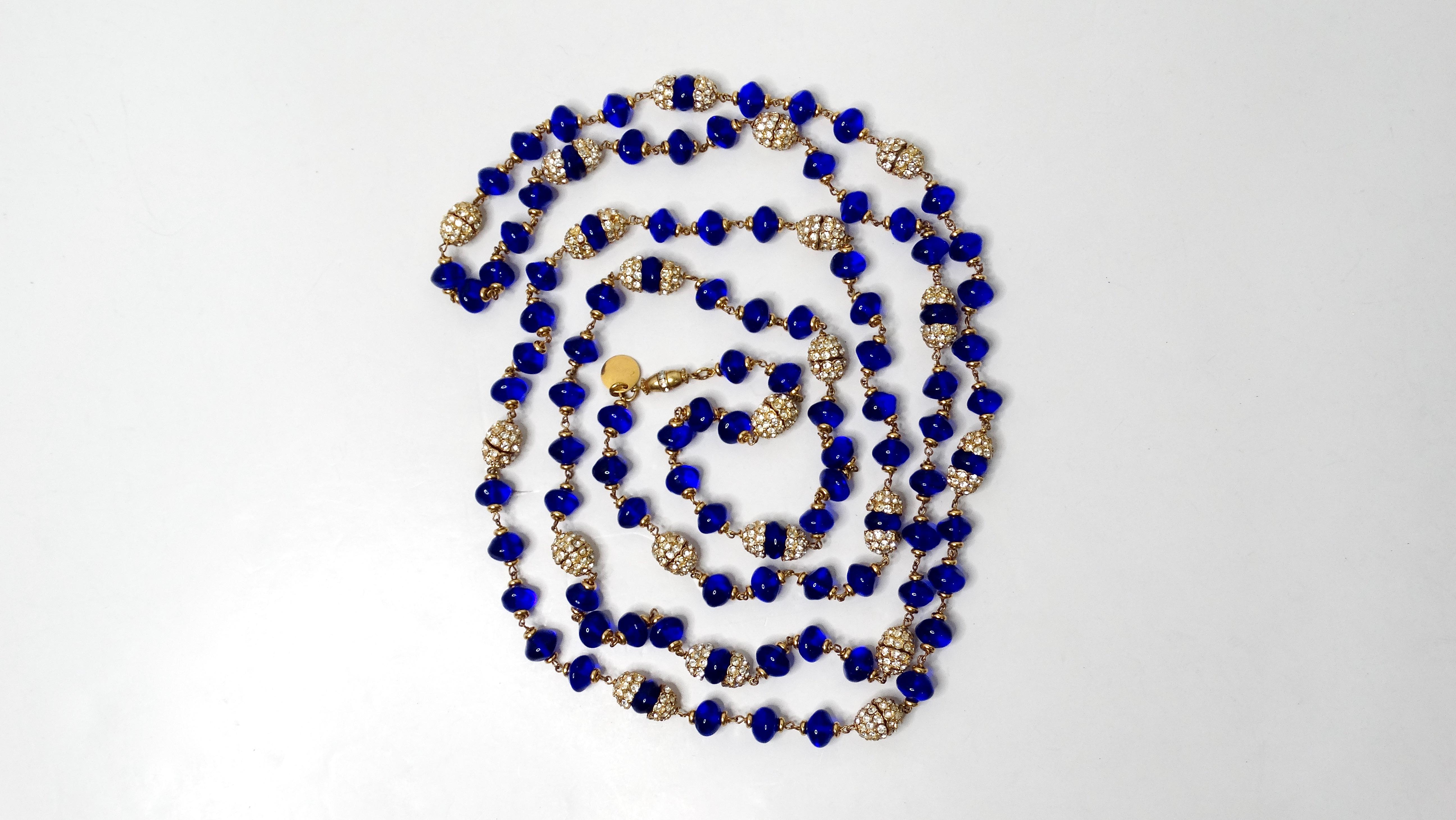 Chanel Long Blue Gripoix Glass Beaded Necklace circa 1970s For Sale 1