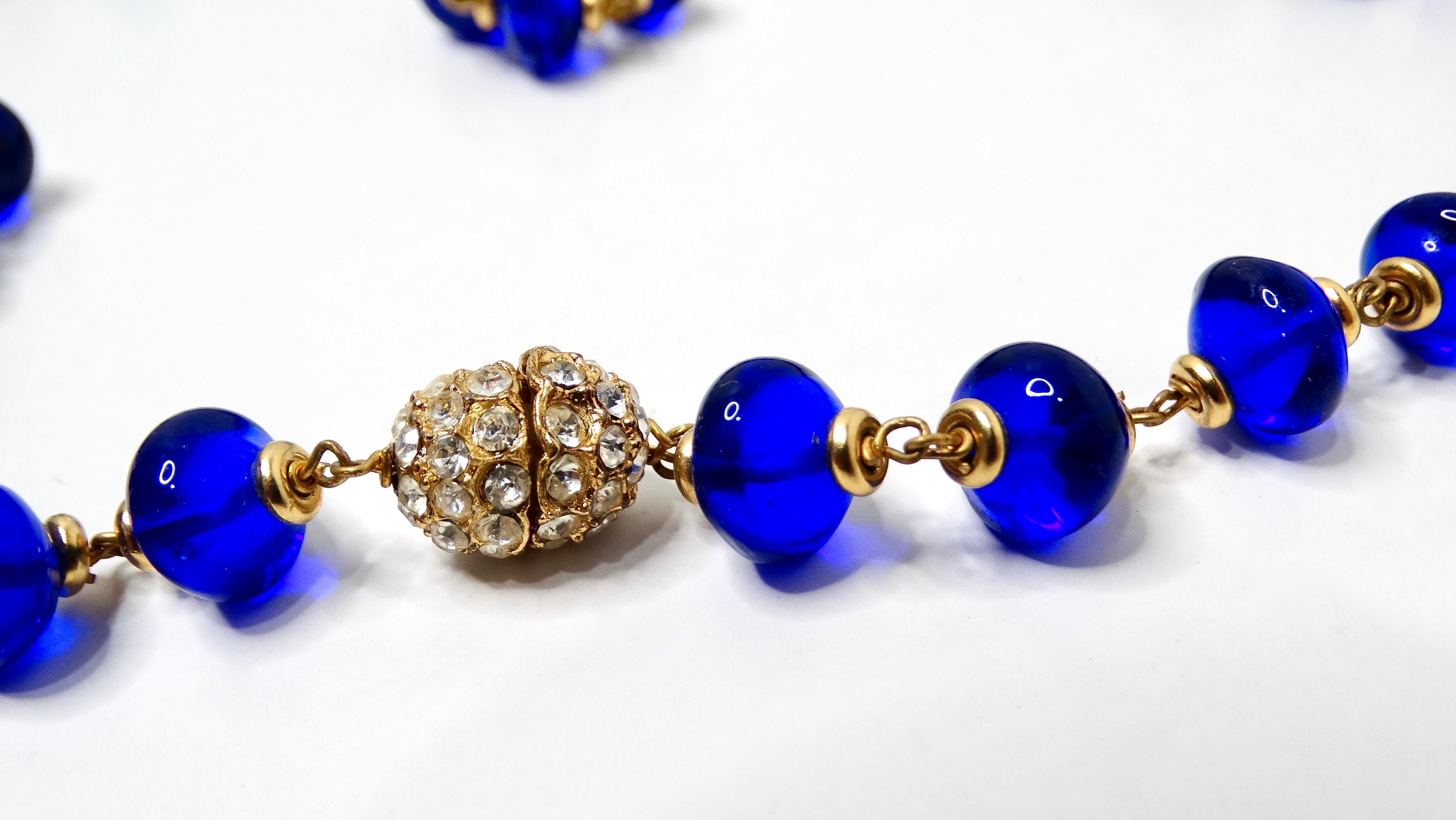 Chanel Long Blue Gripoix Glass Beaded Necklace circa 1970s For Sale 2