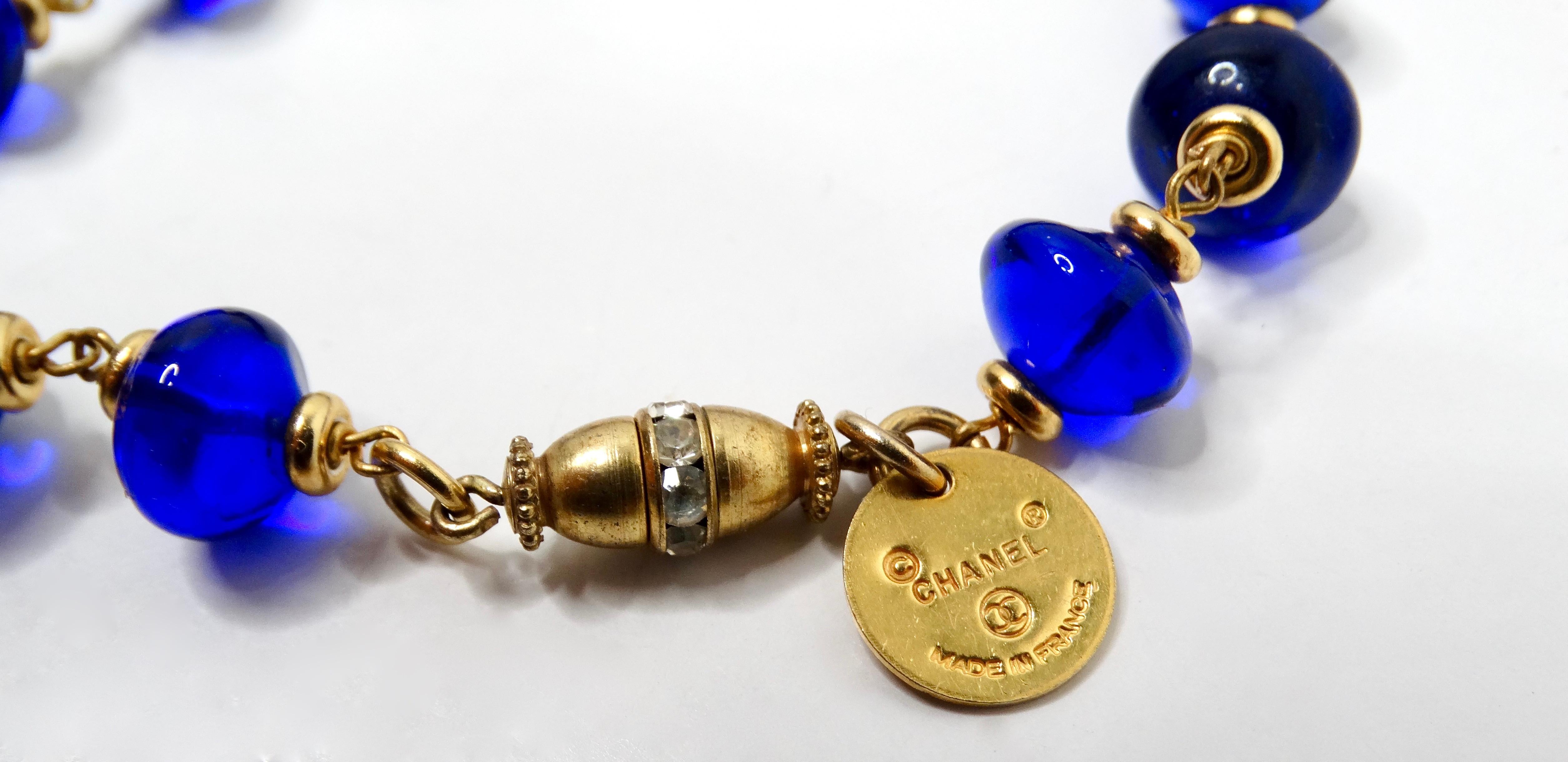 Chanel Long Blue Gripoix Glass Beaded Necklace circa 1970s For Sale 3