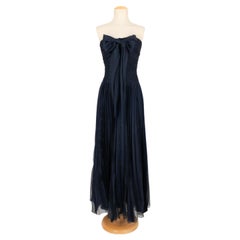 Chanel Long Bustier Dress in Navy Blue Pleated Silk Taffeta