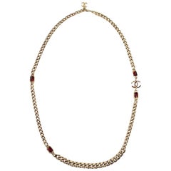 Chanel Long CC Logo Necklace Gold Tone and Pink Rhinestone