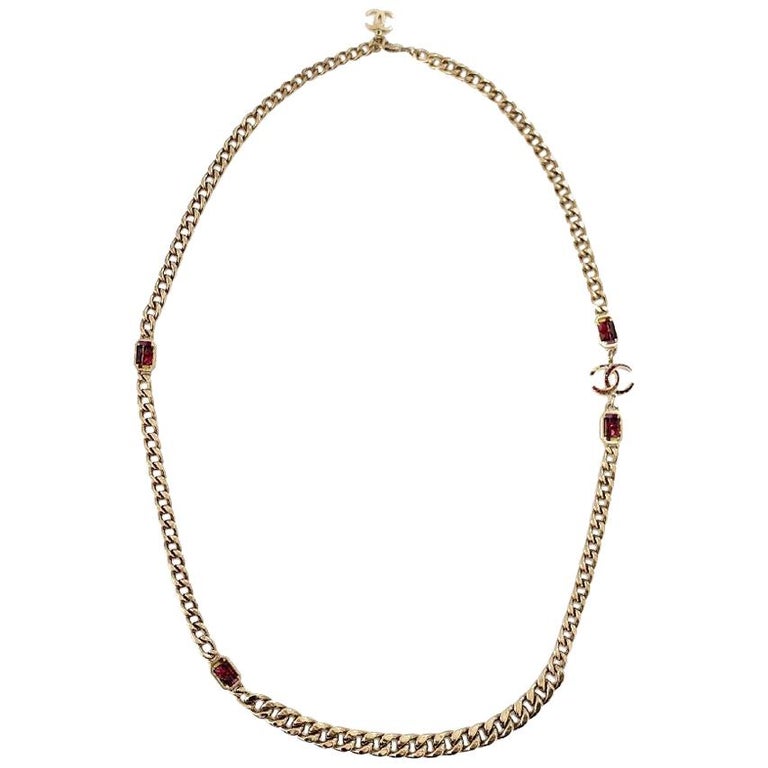 Chanel Long CC Logo Necklace Gold Tone and Pink Rhinestone For Sale at  1stDibs