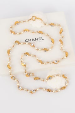 Chanel Long Costume Pearl Necklace with Golden Metal