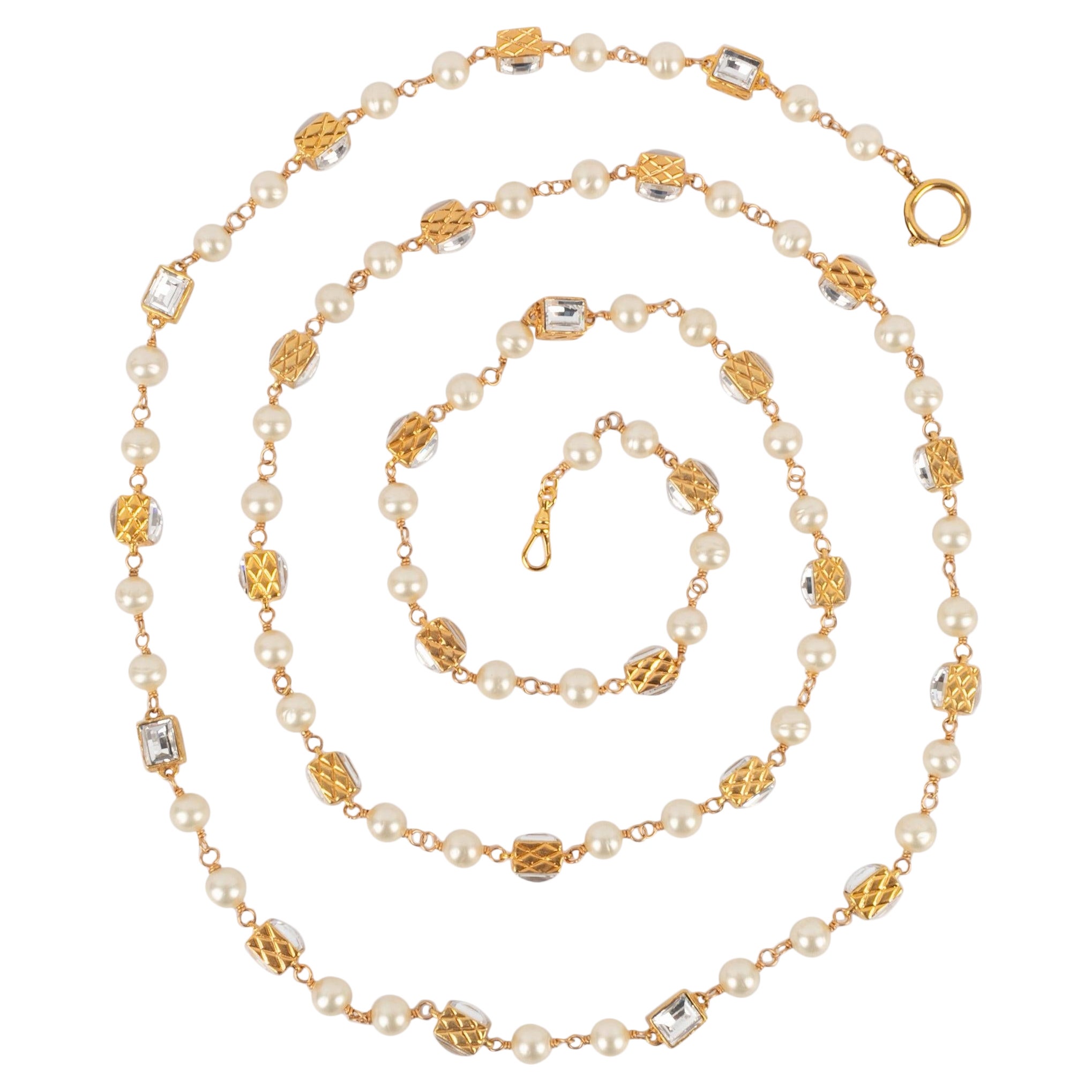 Chanel Long Costume Pearl Necklace with Golden Metal