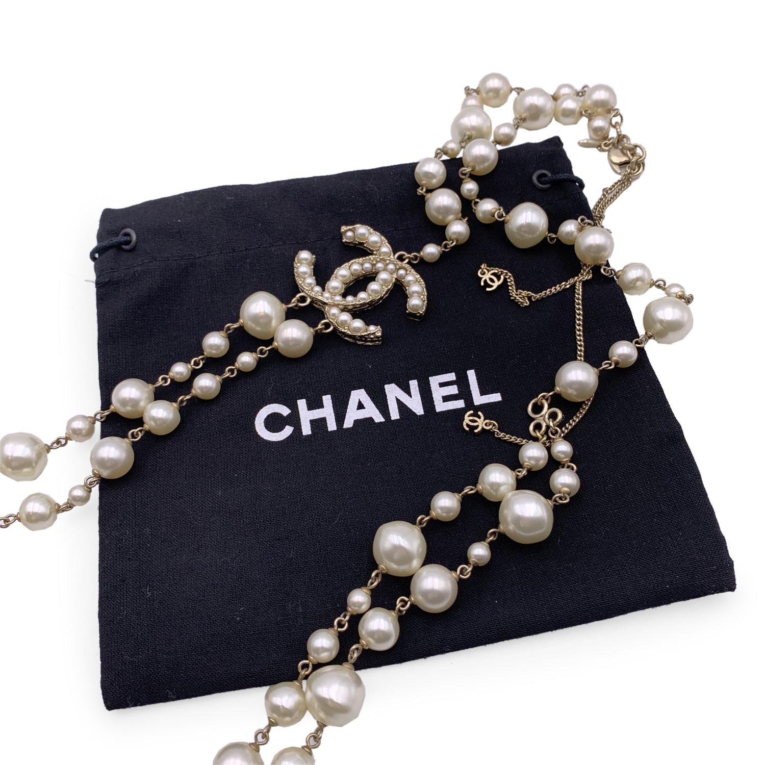 Chanel Long Double Strand Faux Pearl Necklace with CC Logo In Excellent Condition For Sale In Rome, Rome