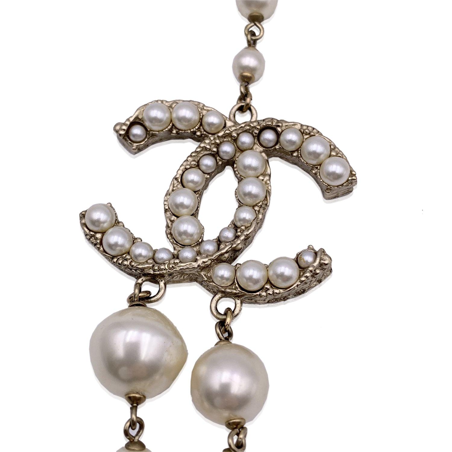 Women's Chanel Long Double Strand Faux Pearl Necklace with CC Logo For Sale