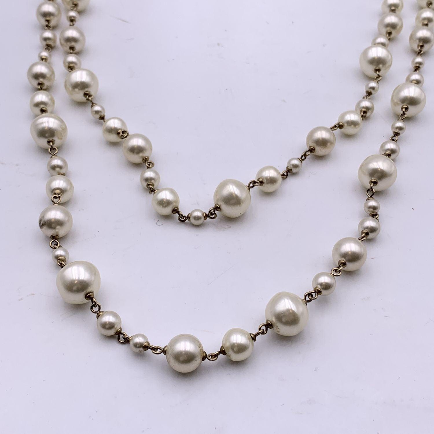 Chanel Long Double Strand Faux Pearl Necklace with CC Logo For Sale 2