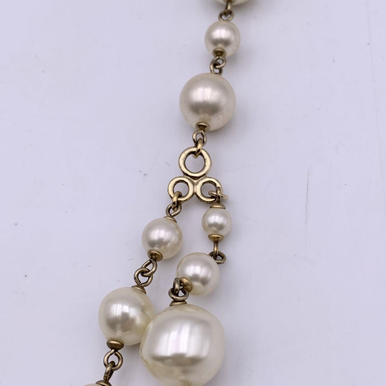 Chanel Long Double Strand Faux Pearl Necklace with CC Logo For Sale 3