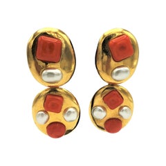 Chanel Long Ear Clip Gripoix 24 Karat Gold Plated Signed 93A