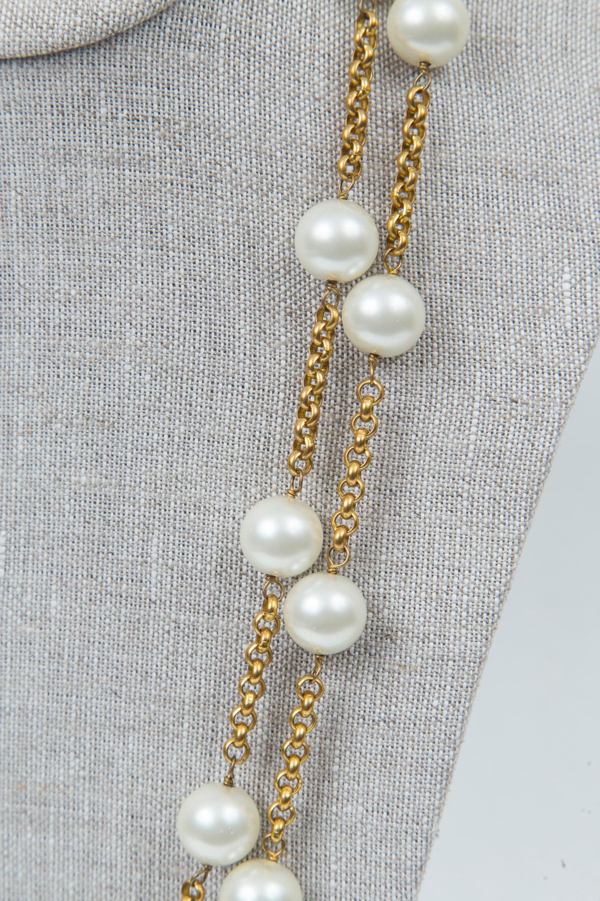 Chanel Long Gold and Pearl Necklace, Stamped with Chanel, CC, Made in France, 29 (Season 29, designed by Victoire de Castallane in the late '80s)