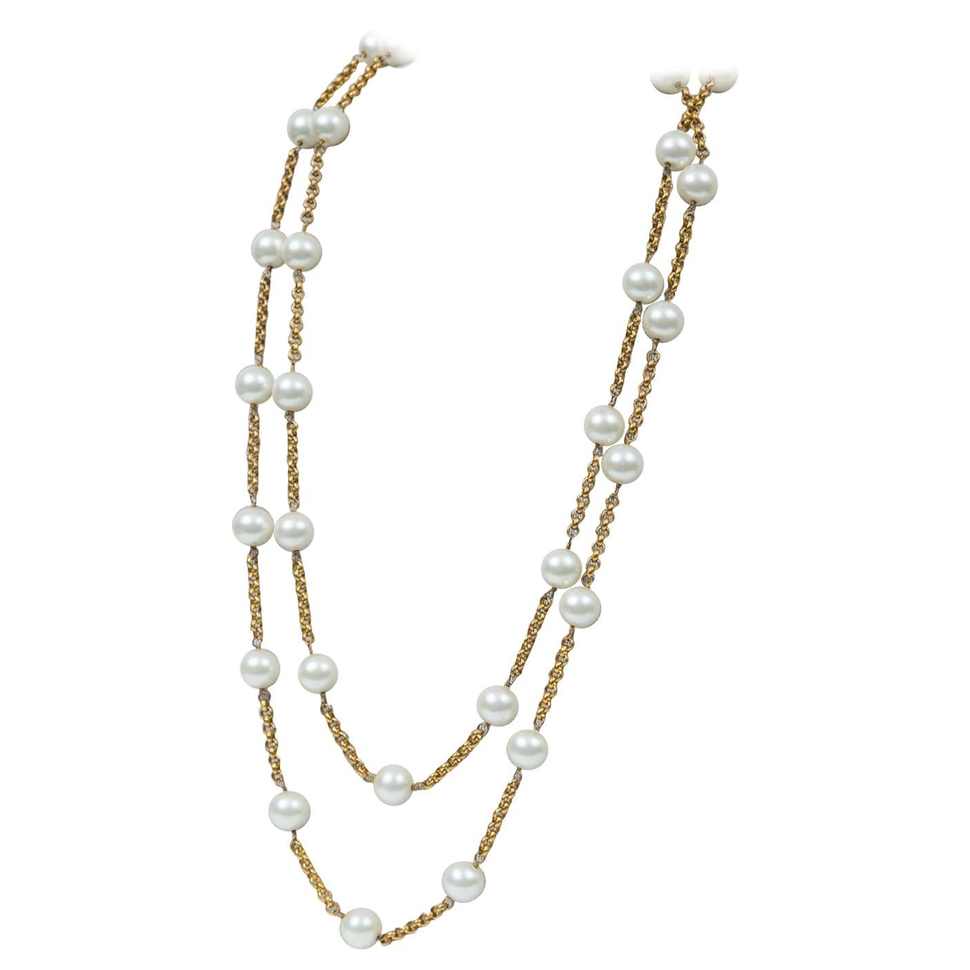 Chanel Long Gold and Pearl Necklace