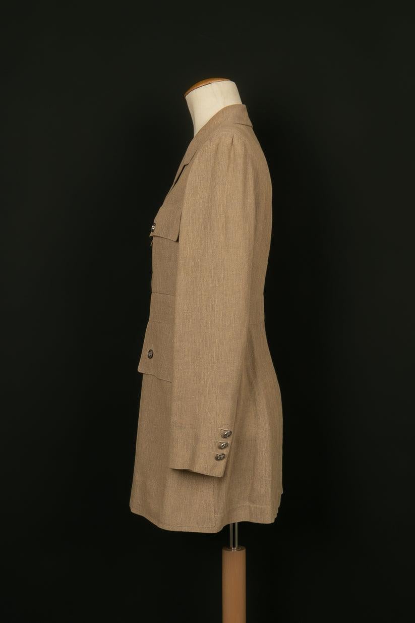 Women's Chanel Long Jacket in Light Brown Linen For Sale