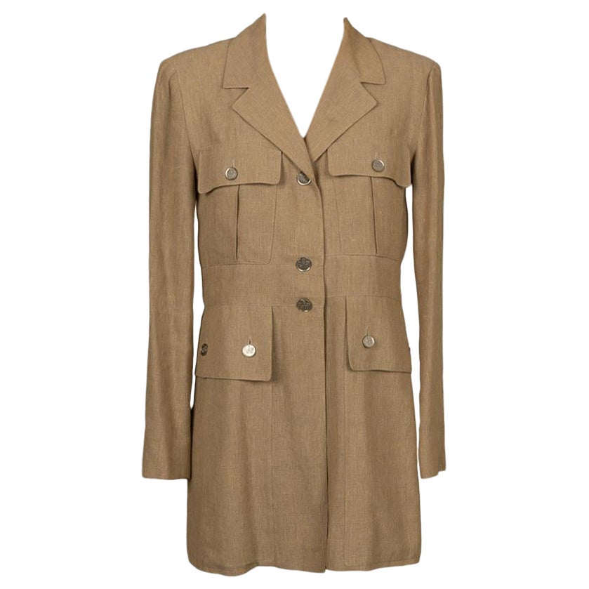 Chanel Long Jacket in Light Brown Linen For Sale