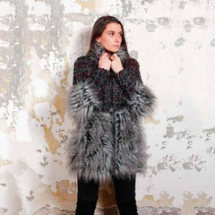 CHANEL Long Jacket in Multicolored Tweed and Gray Faux Fur Size 36FR
