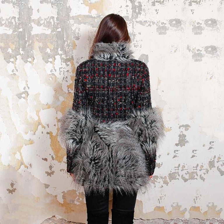 CHANEL Long Jacket in Multicolored Tweed and Gray Faux Fur Size 36FR at  1stDibs  chanel winter coat, chanel faux fur jacket, karl lagerfeld  multicolor faux fur coat