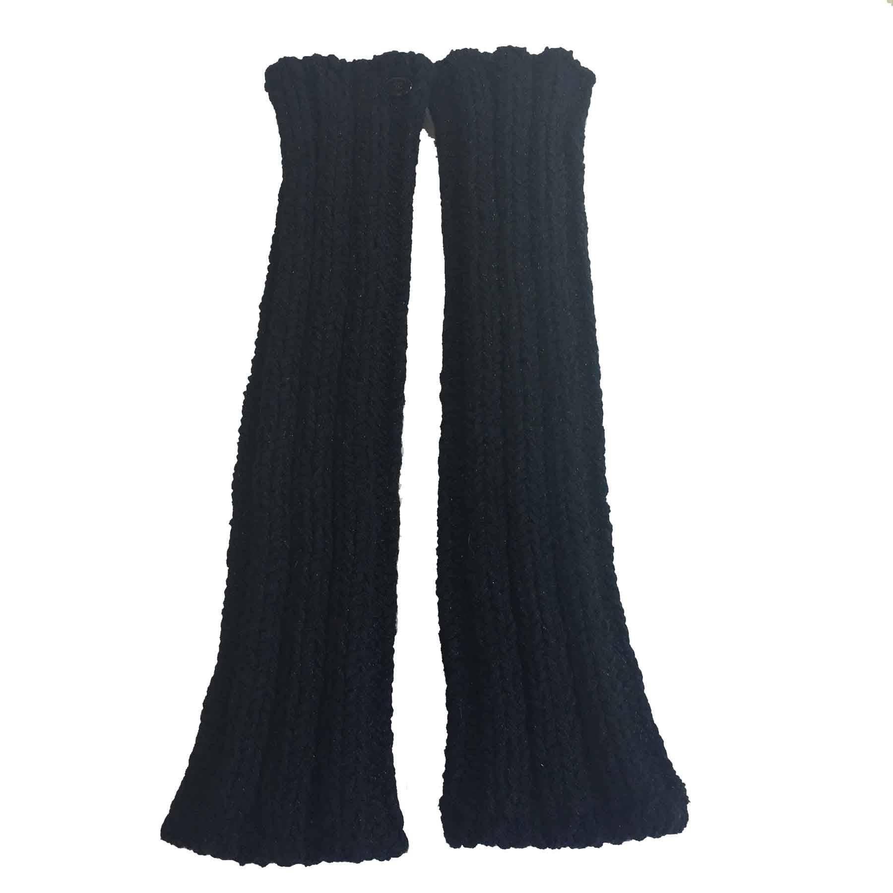 CHANEL Lange gestrickte Mittens aus schwarzer Baumwolle, Kaschmir und Seide Größe 2 im Angebot