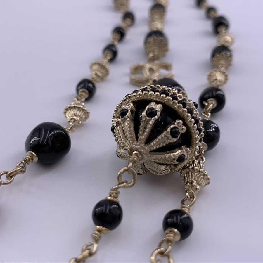 Chanel Long Multi Row Necklace Black Pearl  CC Charm 3