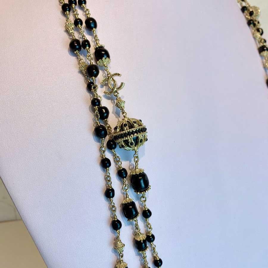 Women's Chanel Long Multi Row Necklace Black Pearl  CC Charm