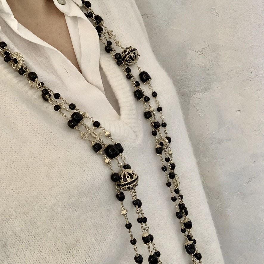 Chanel Long Multi Row Necklace Black Pearl  CC Charm 1