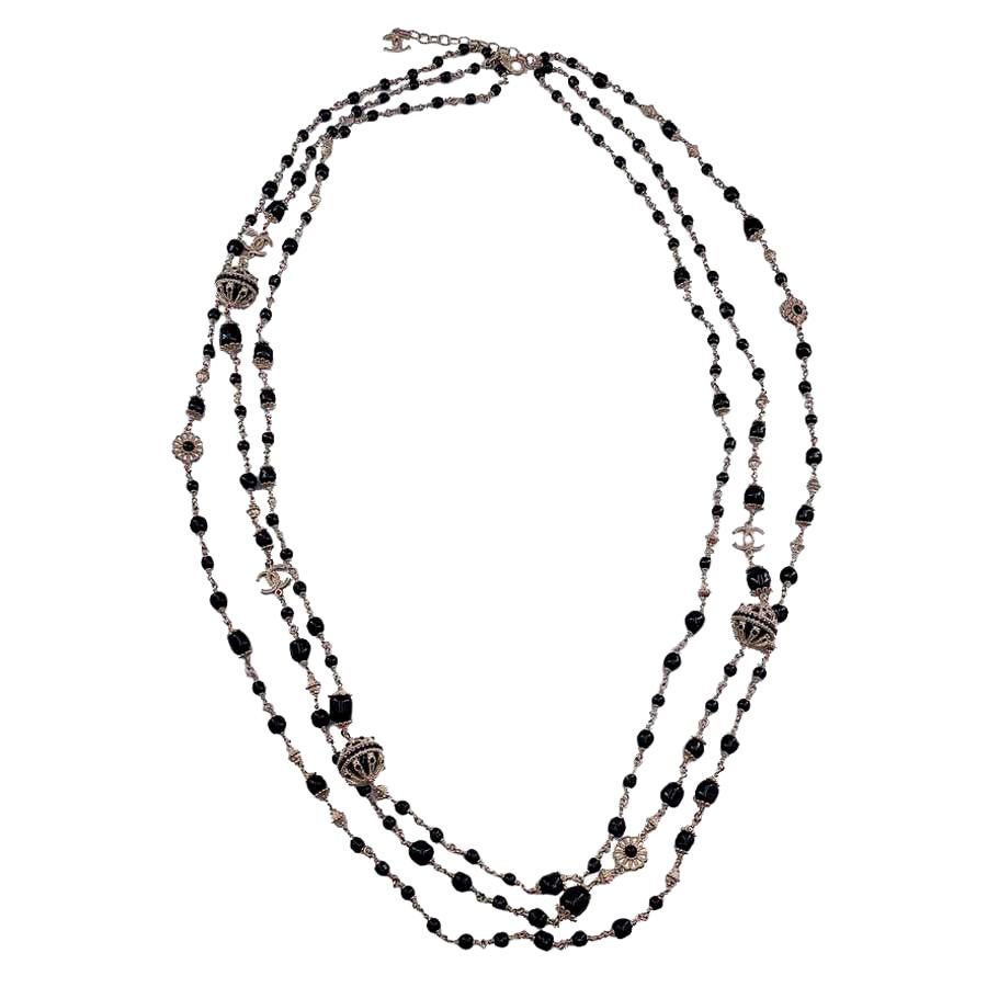 Chanel Long Multi Row Necklace Black Pearl  CC Charm