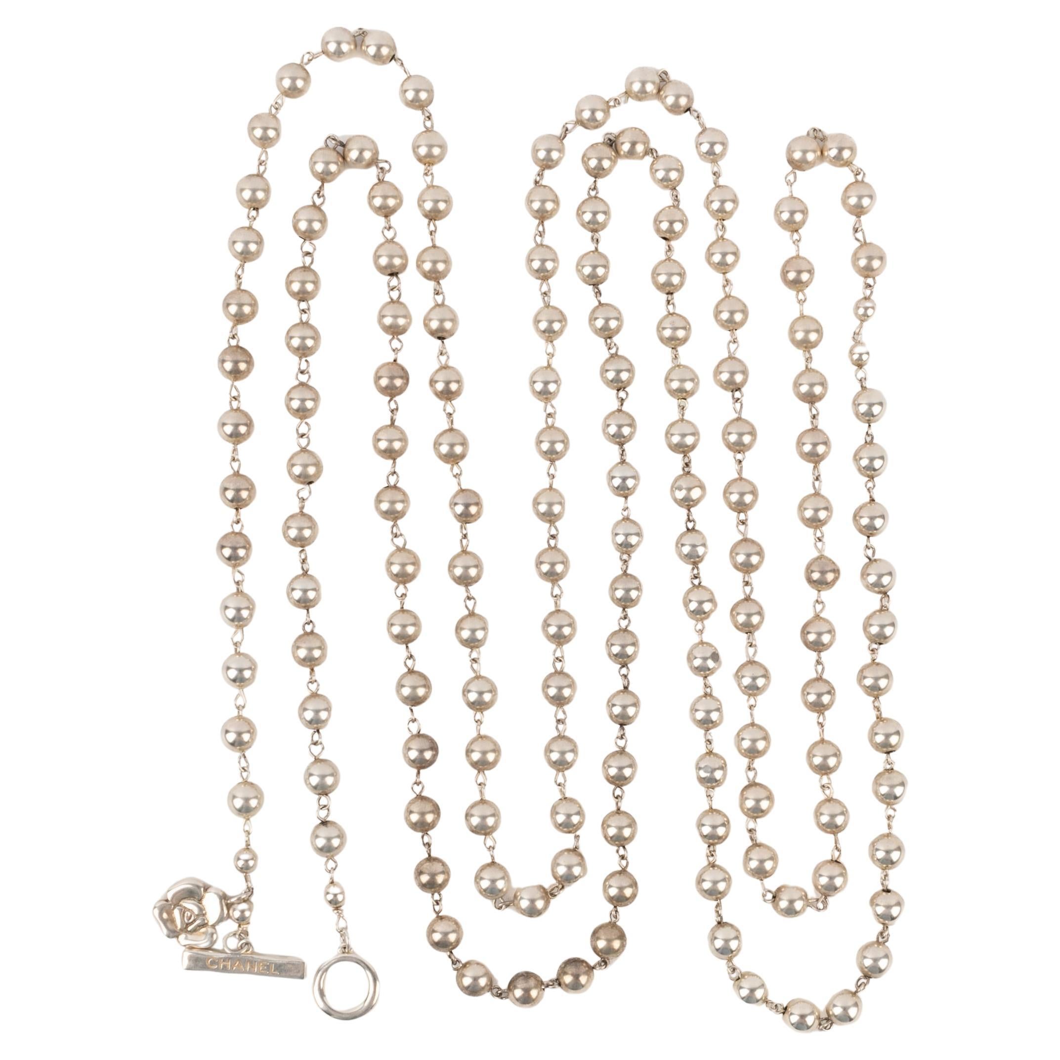 Chanel Long Necklace Made of Silvery Metallic Pearls For Sale