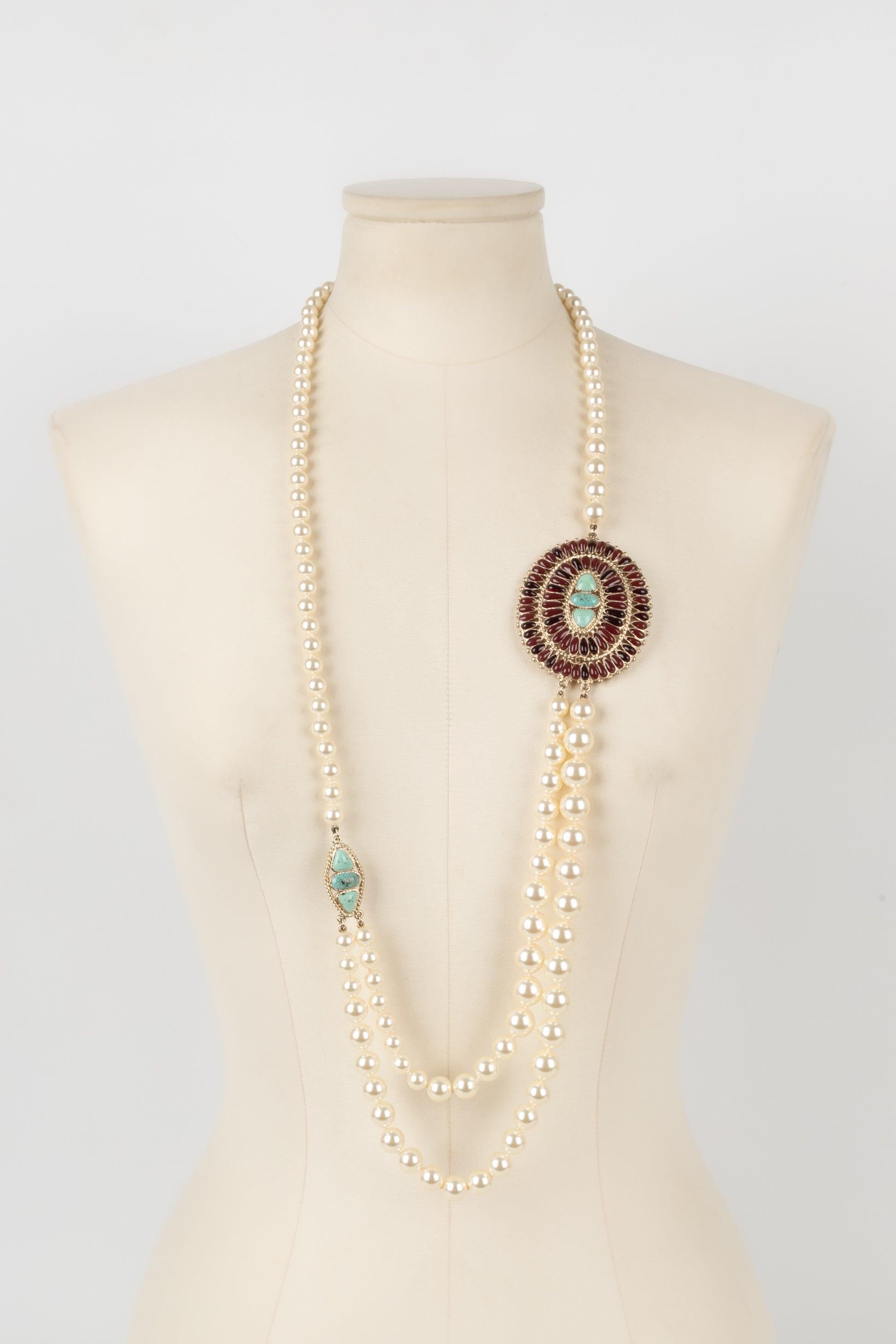 Chanel Long Necklace with Pearls and Blue and Burgundy Resin Medallions, 2014 2