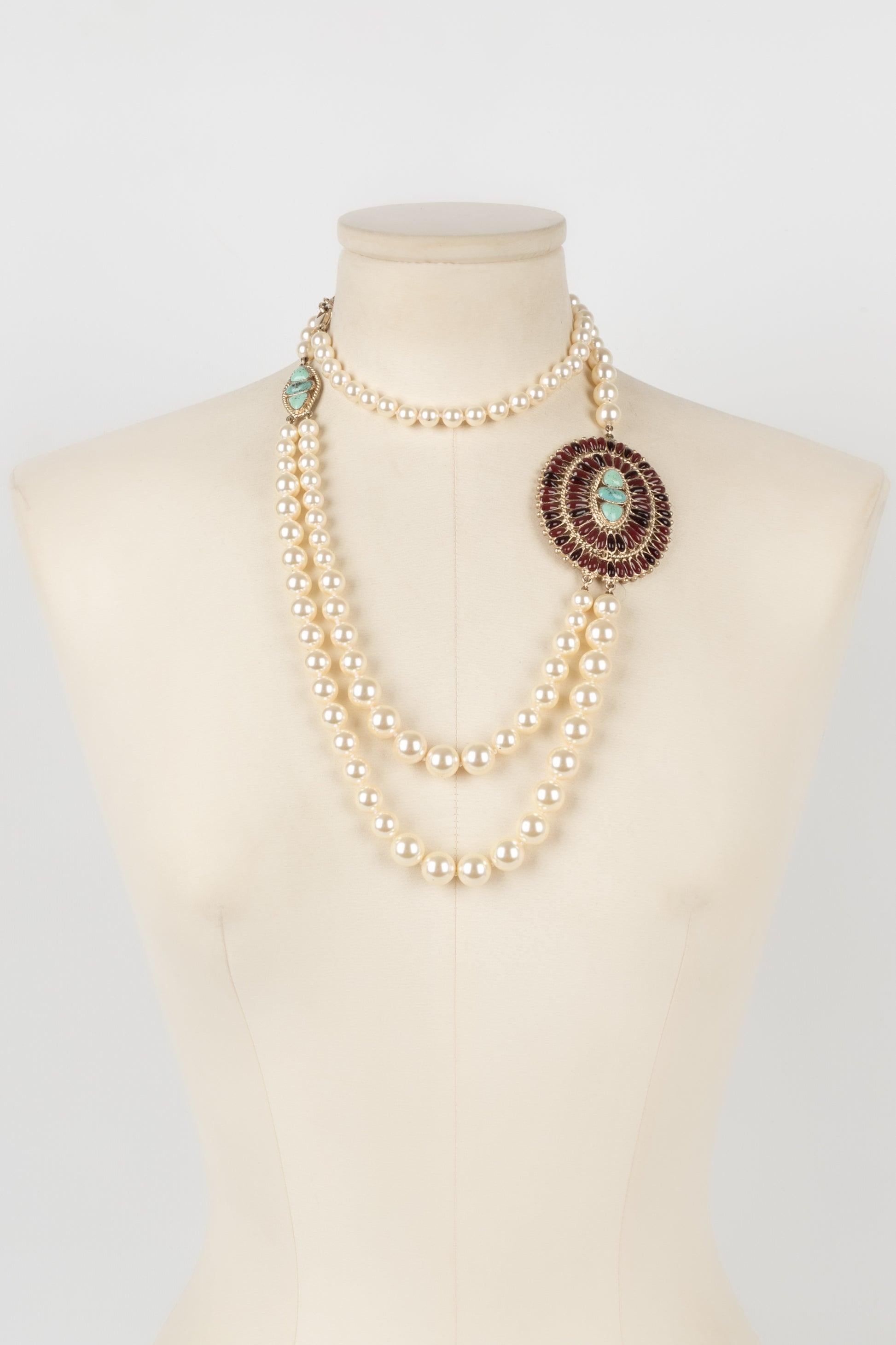 Chanel Long Necklace with Pearls and Blue and Burgundy Resin Medallions, 2014 3