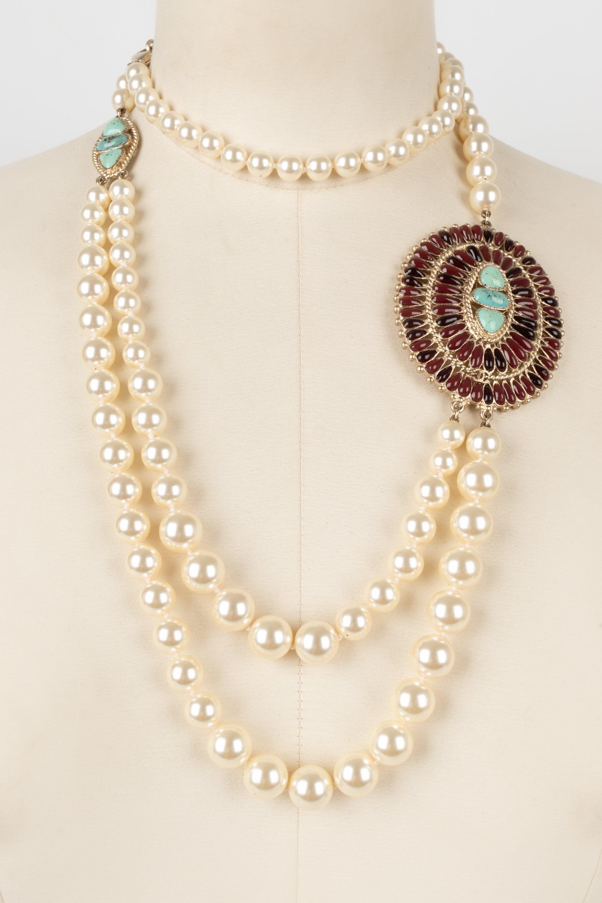 Chanel Long Necklace with Pearls and Blue and Burgundy Resin Medallions, 2014 4