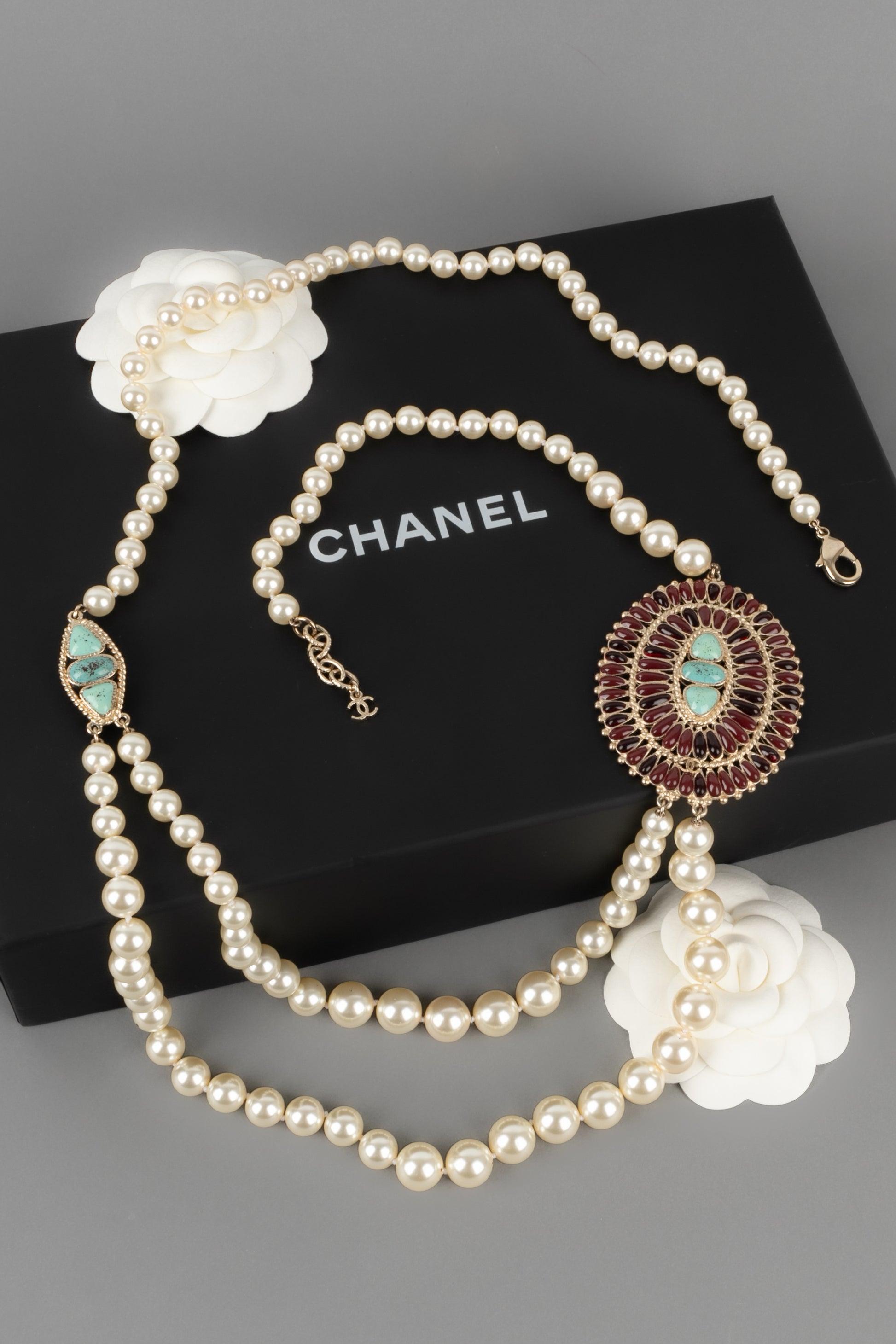 Chanel Long Necklace with Pearls and Blue and Burgundy Resin Medallions, 2014 5