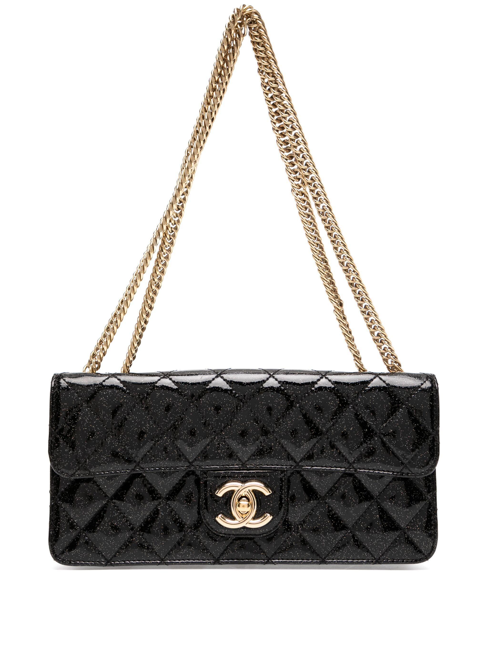 Black Chanel Long Patent East West Leather Structured Gala Classic Flap Bag For Sale